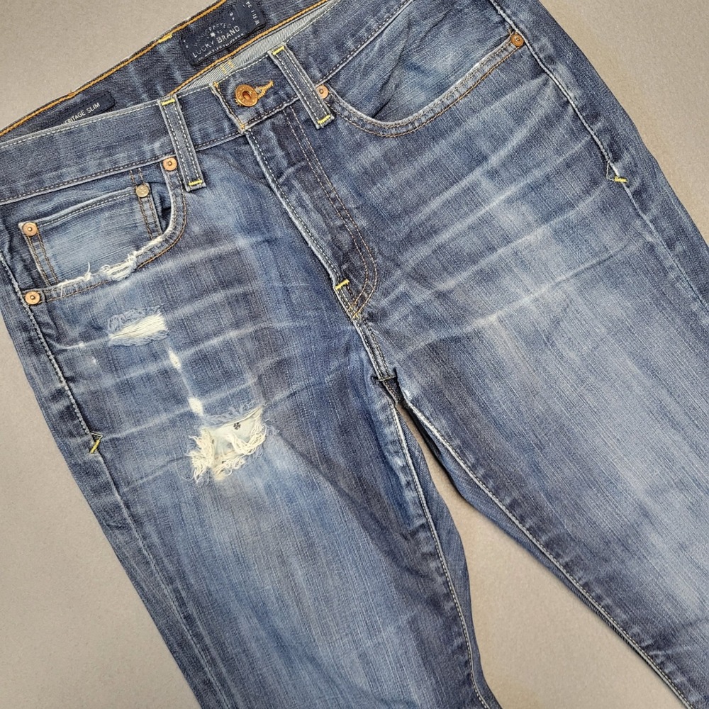 Lucky Brand 121 Heritage Slim Mens Blue Distressed Jeans Size 31x34 Medium Wash